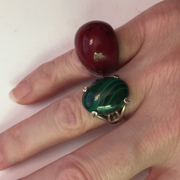 Vintage 925 Sterling silver rings, Wood resin & malachite - Picture 1 of 8